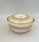 Vintage McCoy Beehive Striped Casserole Dish Pink Blue Covered Bowl Farmhouse