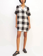 Everlane Black White Plaid Linen Shirt Dress Pockets Short Sleeve Size L