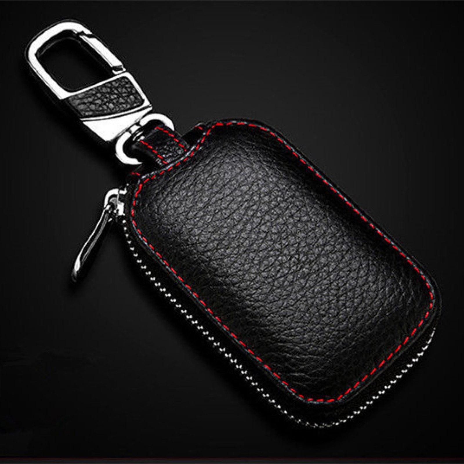 Black Car Key Chain Bag Genuine Leather Key Holder Cover Remote Fob Zipper Case
