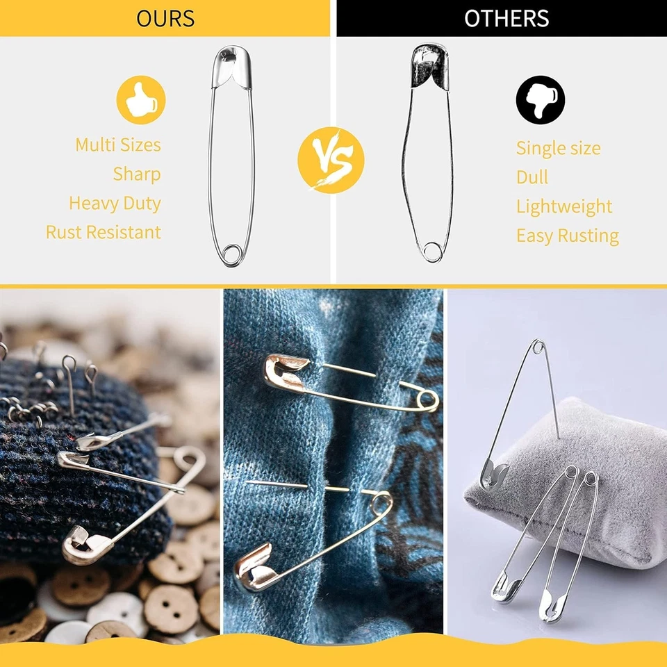 Pasadores de seguridad, 150 piezas pasadores de seguridad surtidos, 3 tamaños diferentes pasadores de seguridad plateados Foto 3 de 4