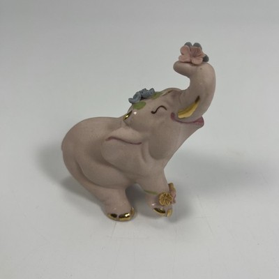 Vintage Walker Renaker Pink Bisque Elephant Figurine w/Flowers & Gold Trim VTG