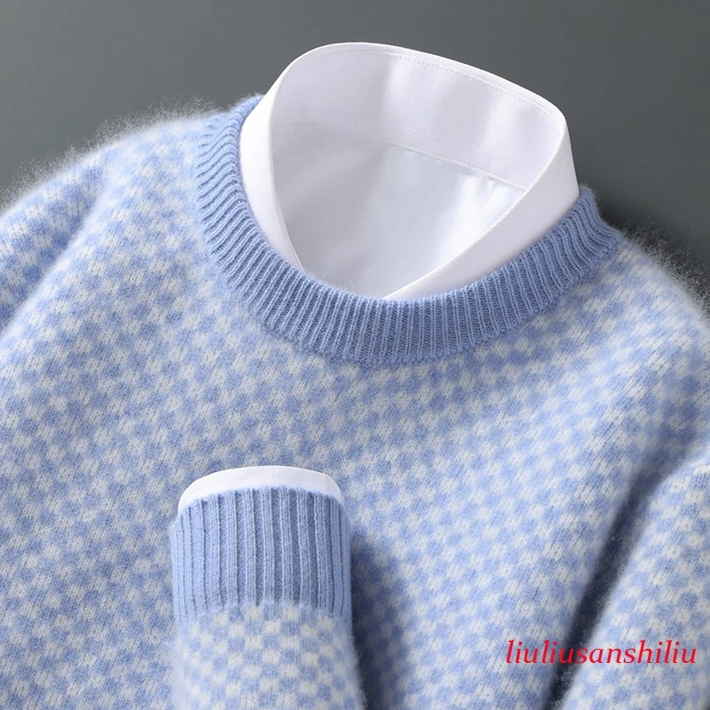 100% Wool Male Round-neck Pattern Pullover Autumn Winter Casual Knitted Sweater