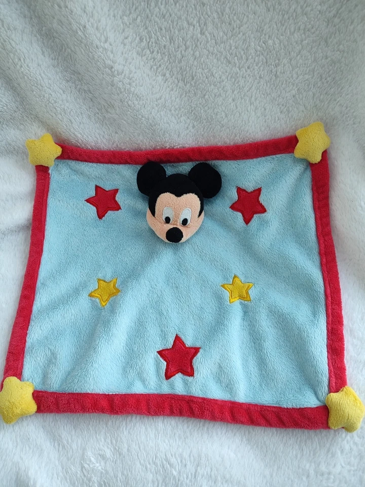 MICKEY DISNEY DOUDOU CARRÉ PLAT JAUNE BLEU ROUGE ÉTOILES TBE - Photo 1/1