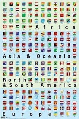 WORLD FLAGS BANNERS BY CONTINENT POSTER CHART PRINT NEW 22X34 FAST FREE  SHIP