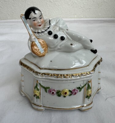 German Art Deco  Powder Jar Porcelain Jolly, Chubby Pierrot Mandolin Dresser Box