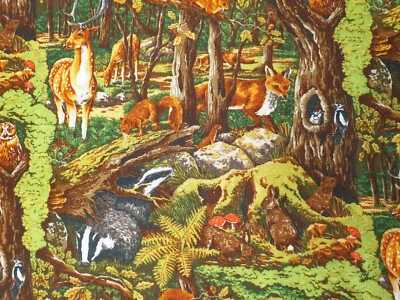 Woodland fabric UK 100% cotton material metres Owl Deer Squirrel Bird Fox Trees