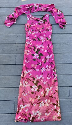 Vintage 1960s Floor Length Pink Floral Formal Dress With Scarf Size XS  Hippy Mod | eBay