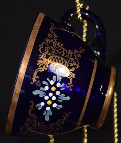 Vintage Bohemian Czech Cobalt Blue Glass Tea Cup Gold w/ Hand-Painted Enameling
