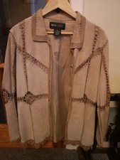Vintage Beth Terrell, 100% Leather Suede Shell Jacket, Brown Floral,, Medium,
