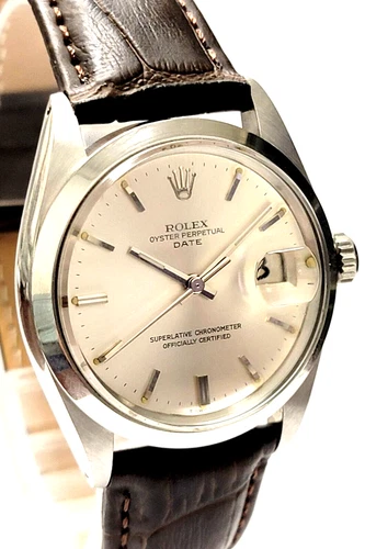 Mens VINTAGE Rolex Oyster Perpetual Date Stainless Steel Silver Dial 34mm Watch