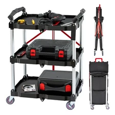 TECSPACE 3-Tier Black Portable Folding Service Cart for Home & Commercial Use