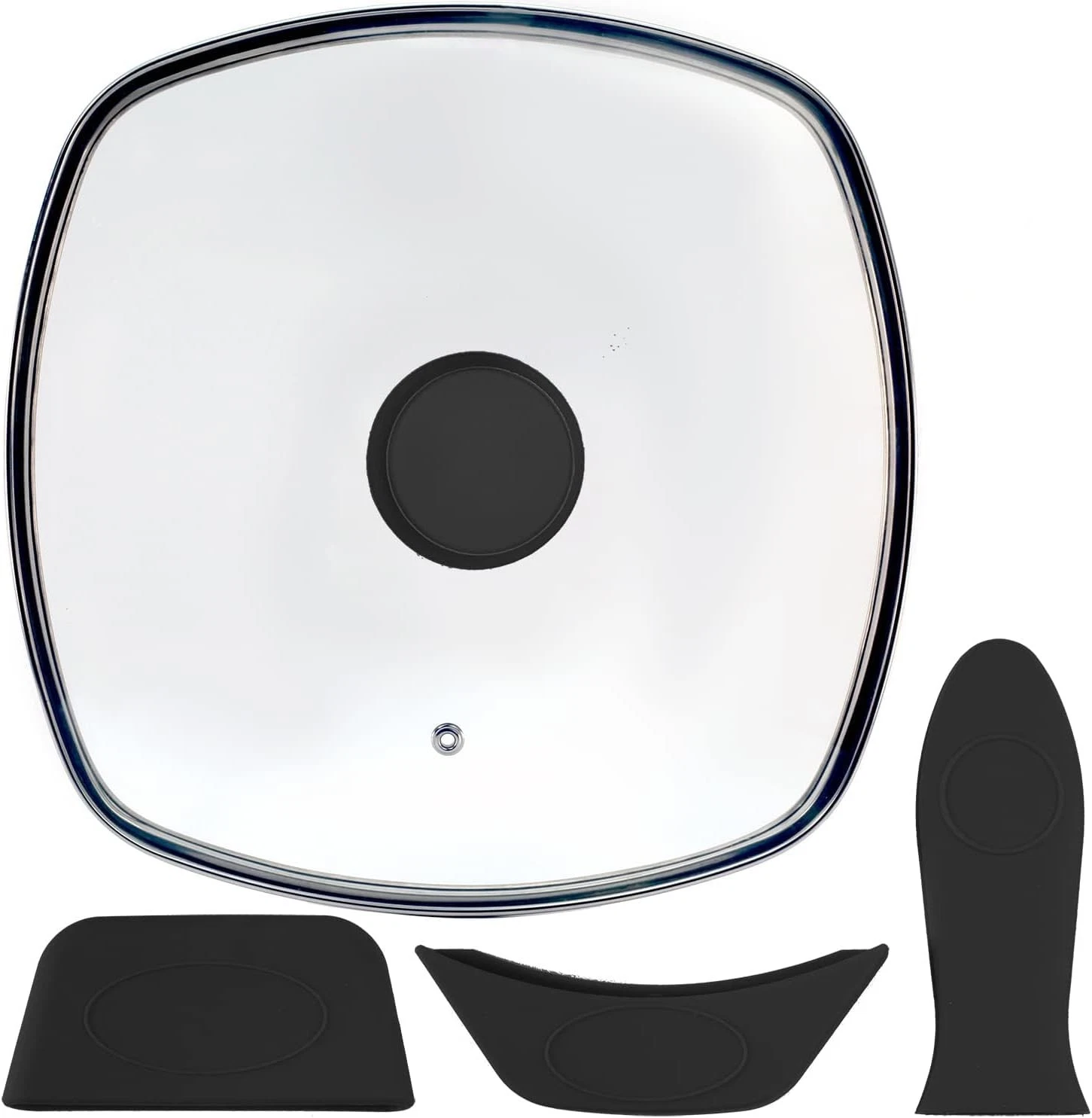 Square Glass Lid for Grill Pans with Steam Vent BLACK SILICONE ROUND KNOB