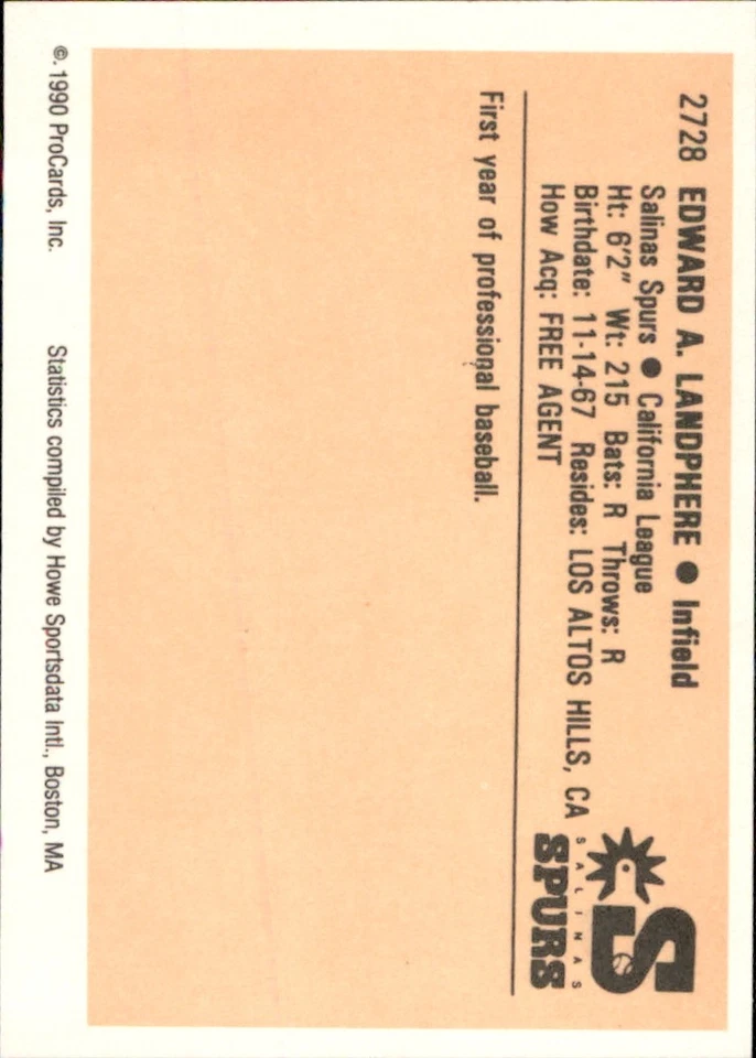 Ed Landphere 1990 ProCards #2728 RC Salinas Spurs *AutographDen* - Image 2 of 2