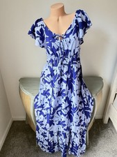 Nine West Maxi Dress Floral Babydoll Blue Off Shoulder Fairy Cottage Tiered