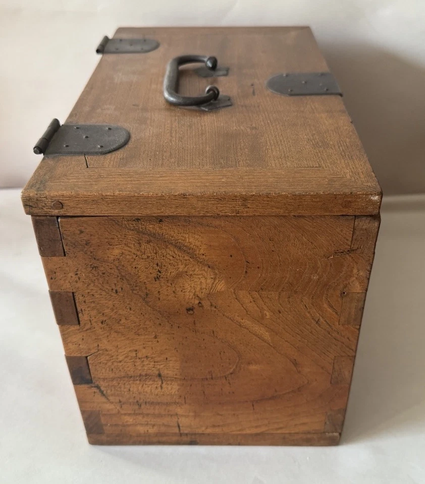 Antique Japanese Dovetailed Wood Calligraphy Writing Box with Iron Hardware - Image 3 of 4