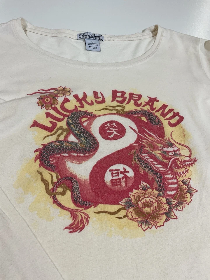 Vintage Lucky Brand Dragon Long Sleeve T Shirt Sz M Made In USA Grunge Y2K - Image 2 of 4