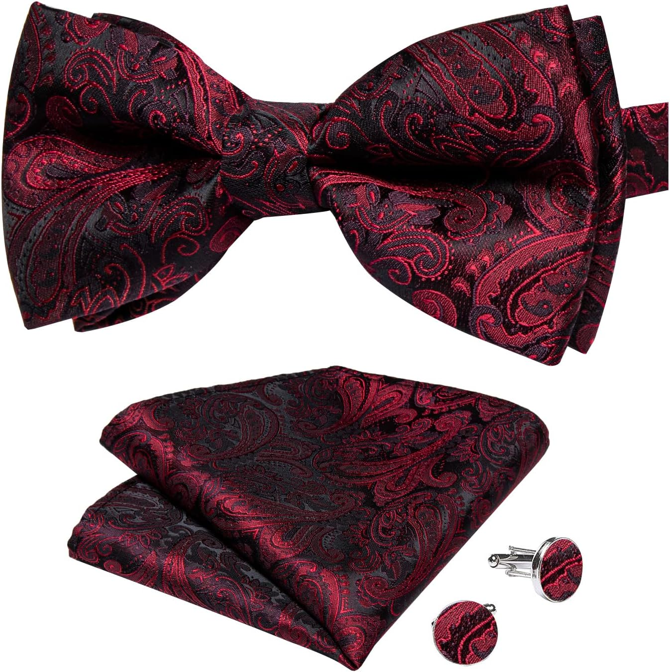 Paisley Pre-Tied Bow Ties for Men Silk Adjustable Bowtie and Pocket Square Cuffl