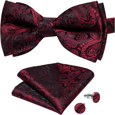 Paisley Pre-Tied Bow Ties for Men Silk Adjustable Bowtie and Pocket Square Cuffl