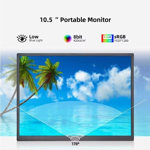 1280P Portable Monitor 10.5-Inch sRGB 15:10 Low Blue Light xBox PS4 PS5 Laptop - Picture 3 of 6