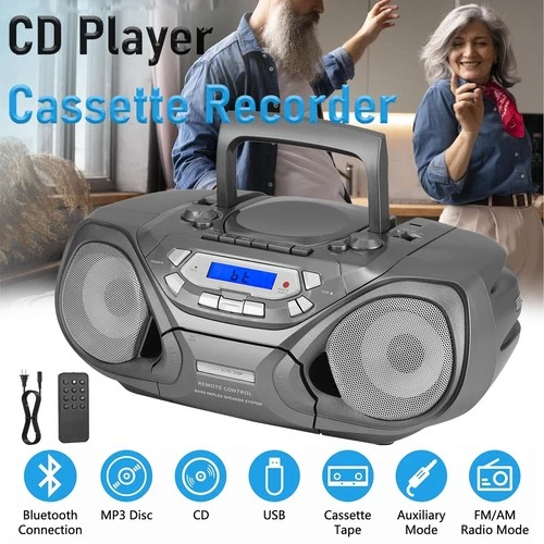 Portable Boombox CD Player &Cassette Recorder Bluetooth AM/FM/USB/AUX/MP3 Player