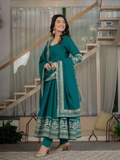 Women's Roman Cotton Silk Anarkali Suit Set with Embroidered Dupatta Fully Stitc
