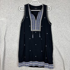 Madewell Embroidered Shift Dress Womens Size 6 Blue Cotton Tassel Geometric