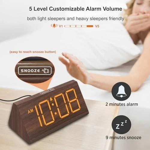 Wooden Digital Alarm Clocks for Bedrooms - Electric Desk Clock with Large Number - Image 3 of 4