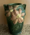 Roseville Pottery Clematis Double Handled Vase 105-7”. Green With Pink Flowers.