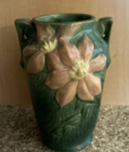 Roseville Pottery Clematis Double Handled Vase 105-7”. Green With Pink Flowers.