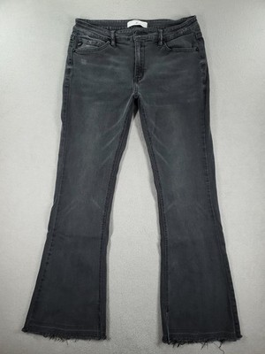 Kancan Jeans Women 30 Black Flare Mid Rise Stretch Dark Wash Raw Hem Faded Denim