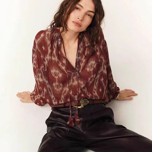 französisches Top Mode Fleckdruck V-Ausschnitt Krawatte locker Langarmshirt Damen - Bild 1 von 15