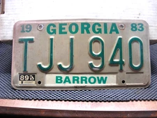 LICENSE PLATE  GEORGIA   1983    TJJ  940  BARROW  COUNTY   AS RECEIVED #5