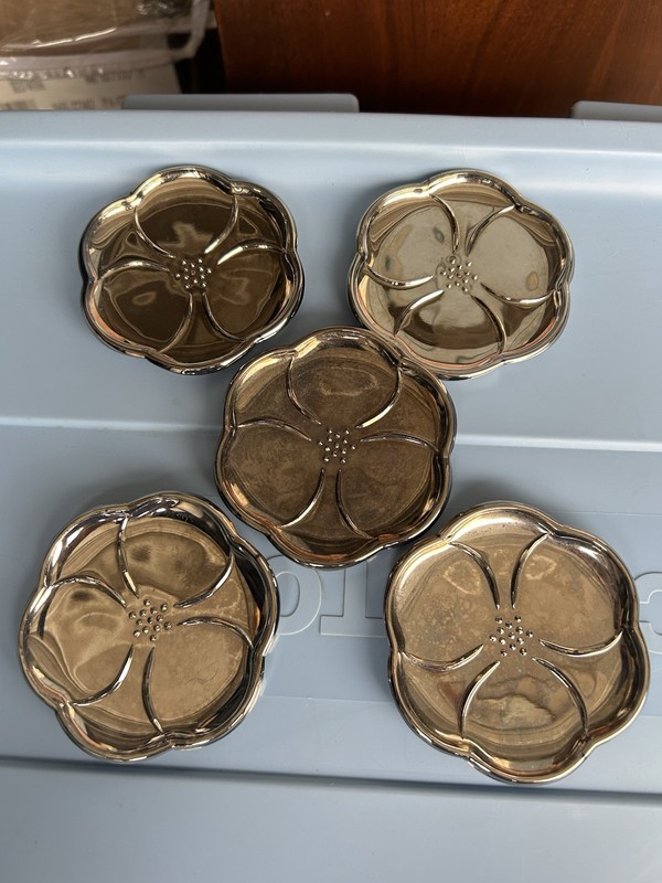 Set of 7 Vintage Silverplate and Glass Dogwood Flower Hazel Atlas Butter Pats