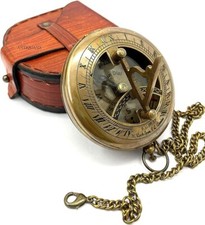 Brass Compass Sundial Engraved Compass With Leather Case Brass Compas With Chain