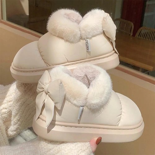 Cute Warm Ankle Boots Winter Women's Bow Warmth Plush Bow Cotton Shoes 2024 New