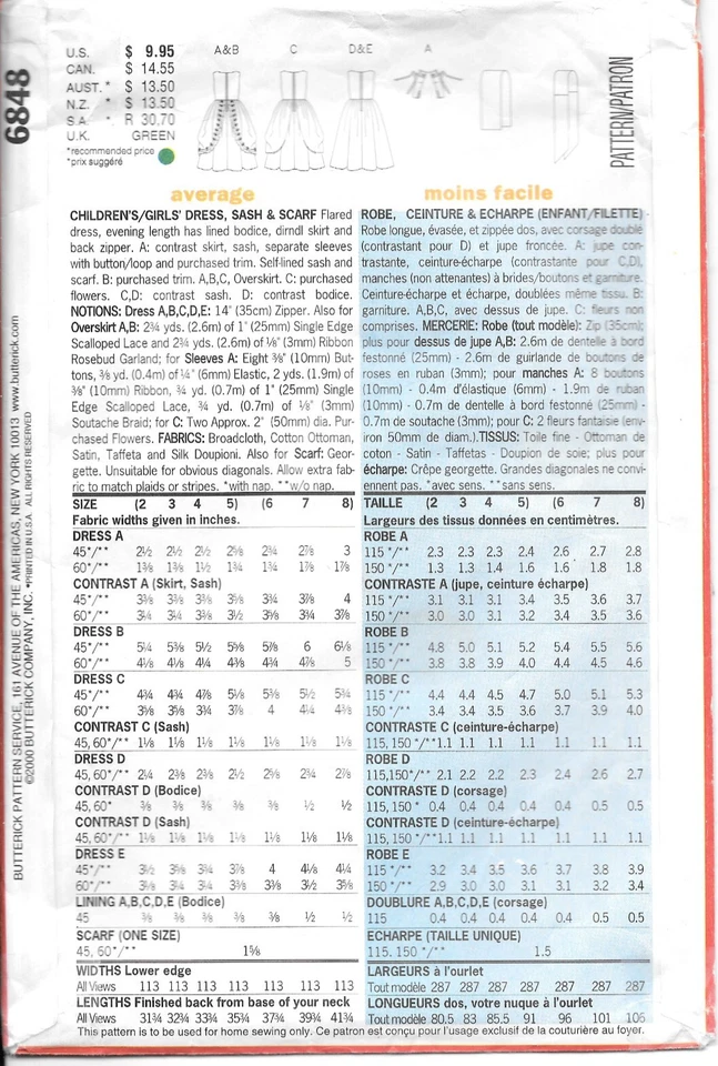 Butterick Sewing Pattern 6848 Children's Flared Dresses Sash Scarf Size: 2-3-4-5 - Image 2 of 2