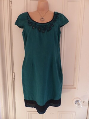 Per Una UK12 dark green cap sleeve linen/cotton sheath dress embroidered  neck | eBay