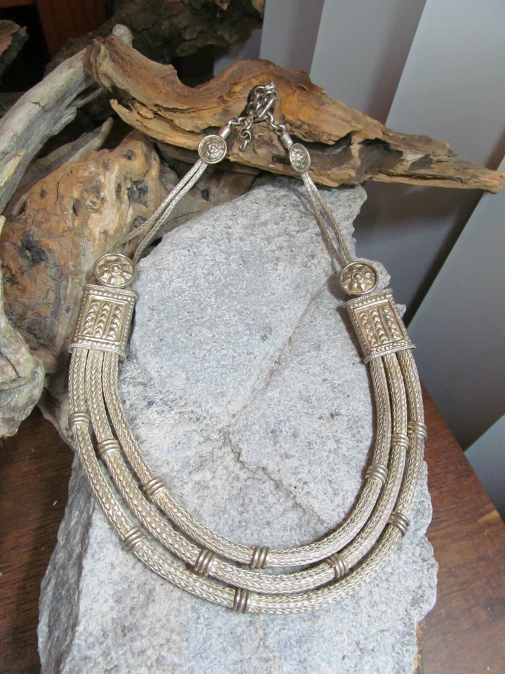 Collar BALI 925 Esterlina Tejido Trigo Cadena Tres Capas Distintivo 105g