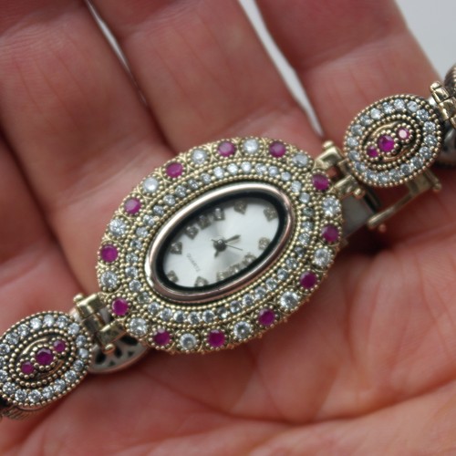 BEAUTIFUL OTTOMAN HANDMADE RUBY AND TOPAZ 925 SILVER & BRONZE WRISTWATCH IN BOX - Picture 3 of 12