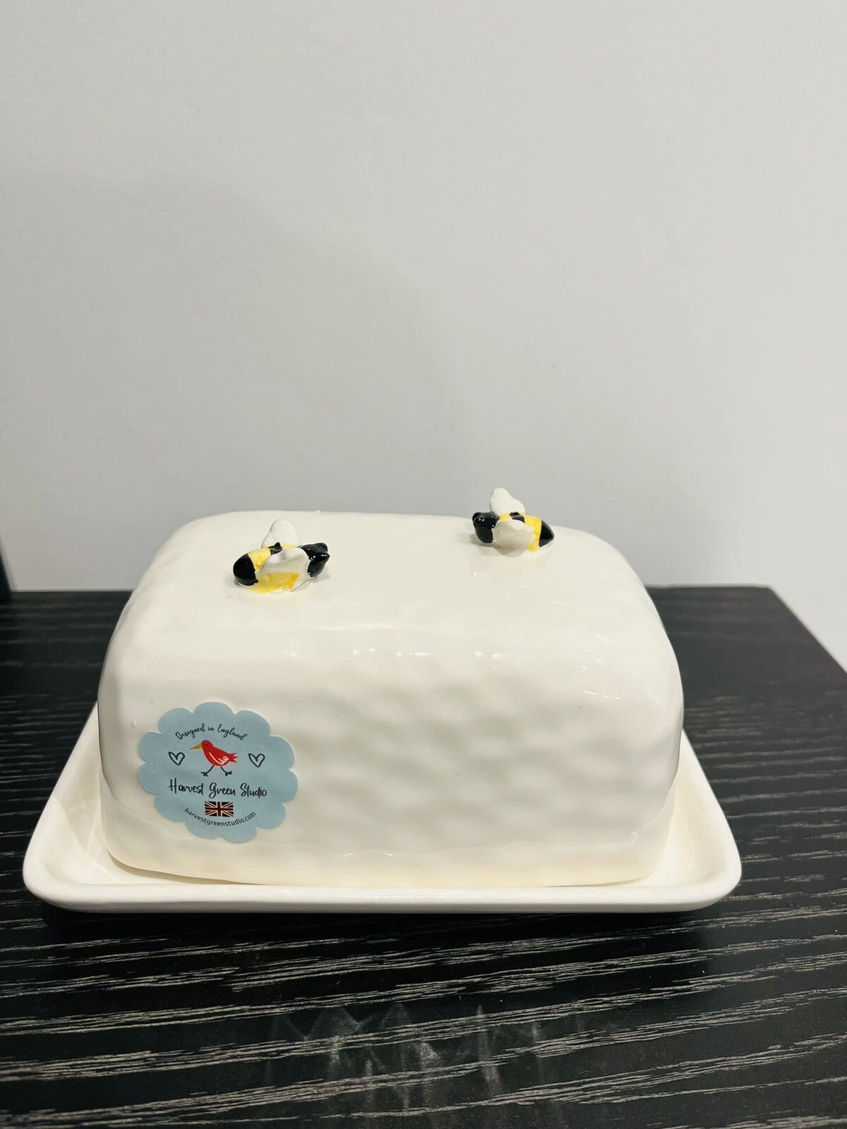Harvest green Studio Bee Ceramic Butter Dish w/ Lid Bee Kitchen