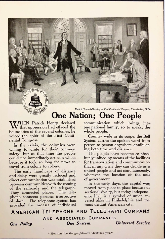 AT&T Teléfono Patrick Henry One Nation One People Antiguo Anuncio Impreso 1916 Foto 2 de 4