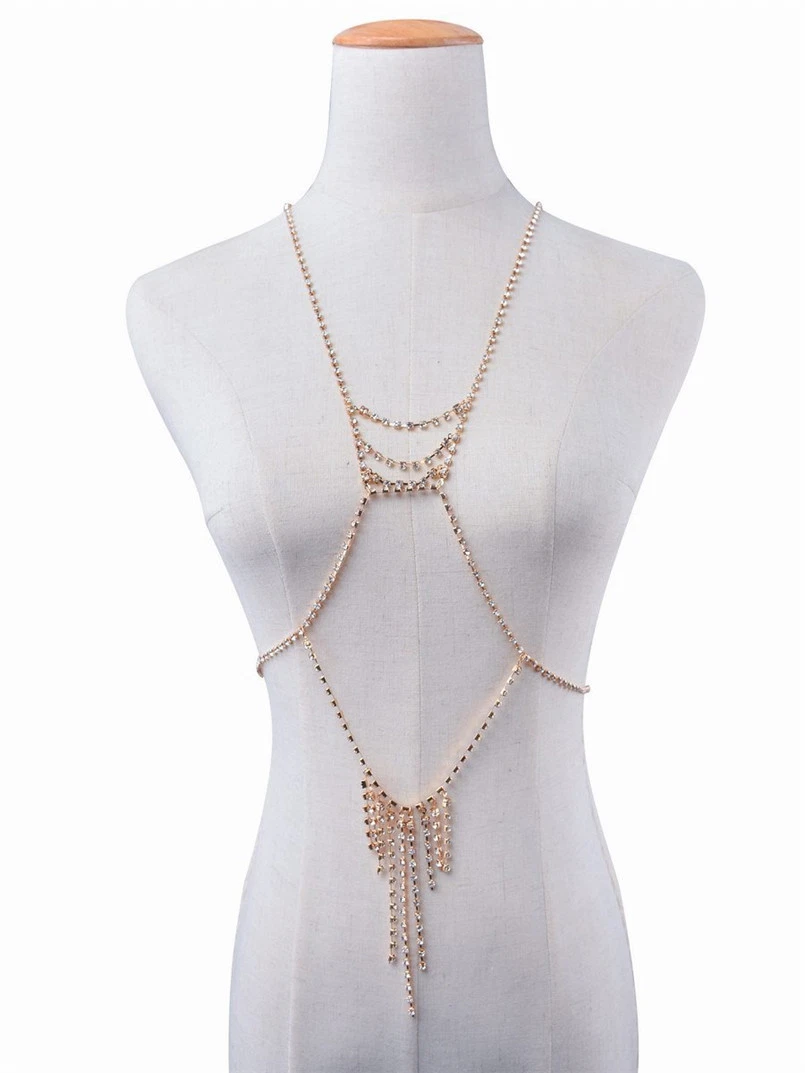 Silver Gold Rhinestone Body Chain Necklace Bra Breast Chest Dangle Harness  NEW