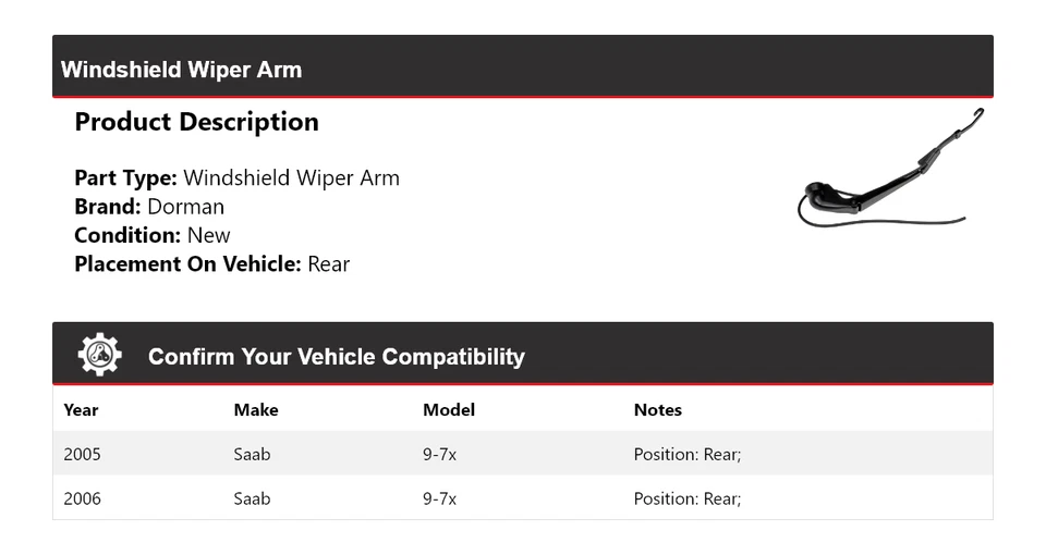 For 2005-2006 Saab 9-7x Dorman Windshield Wiper Arm Rear - Image 2 of 4