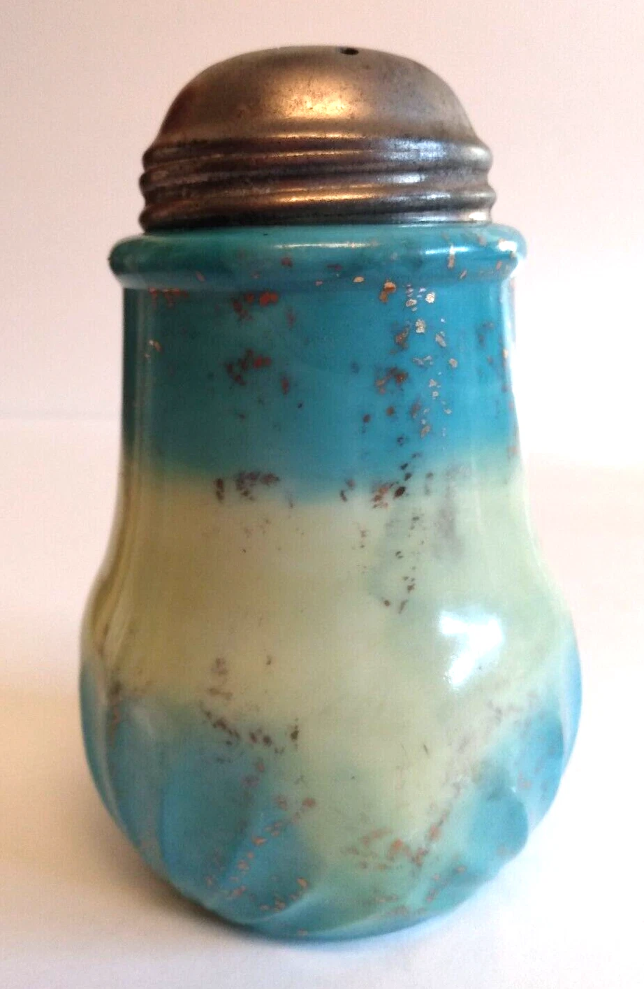 Victorian Painted Milk Blue Gold Flecks Glass Sugar Shaker Muffineer Tin Top