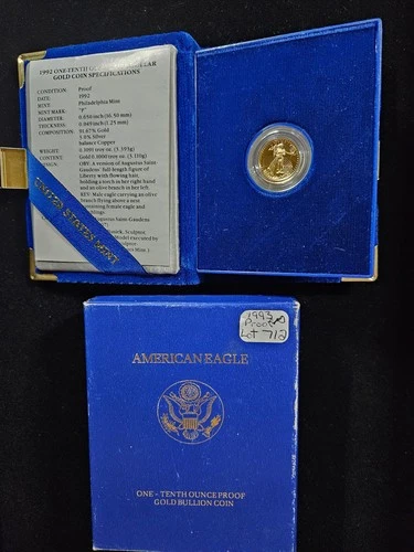 🌟 1992 $5 1/10 oz American Gold Eagle PROOF Coin BU UNC w/ COA
