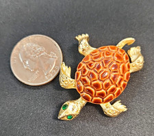 Gold Tone Enamel Turtle Brooch Pin Green Round Rhinestone Eyes Animals  Insects