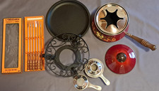 Set fonduta 8 pezzi nuovi rosso-nero forchette per fonduta acciaio inox manici legno anni 70