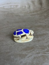 Vtg Hand Carved Egyptian Scarab Beetle W/ Hieroglyphics Blue Glazed Figurine