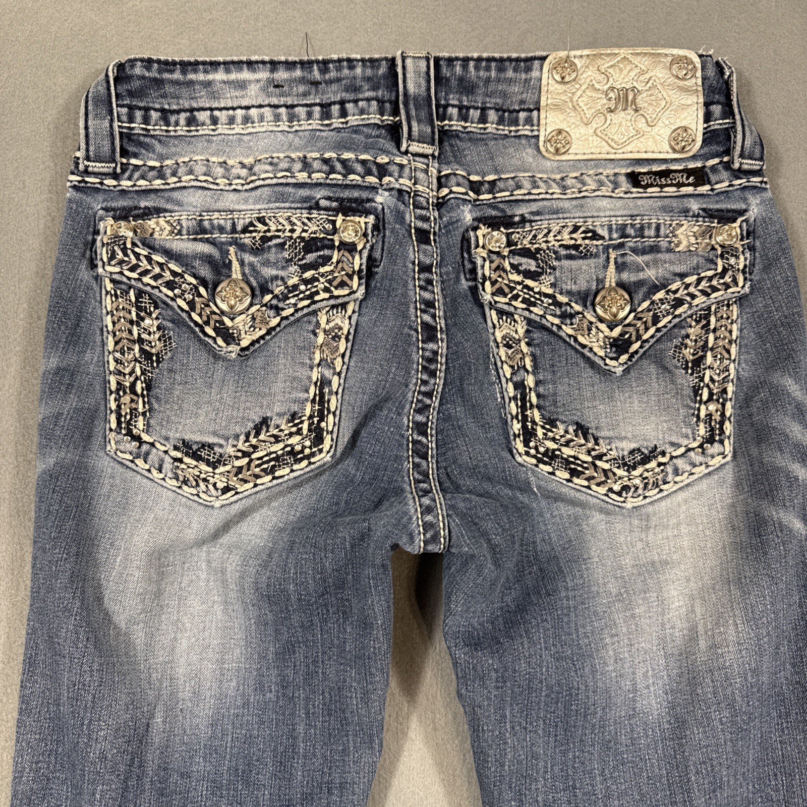 Miss Me WOMENS 26/28 Jeans Mid-Rise Boot THICK STITCH RHINESTONE EMBELISHED