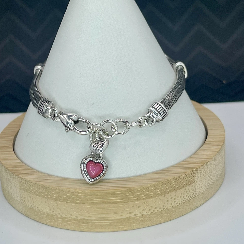 Brazalete Cabujón Corazón Rojo Cadena Serpiente Doble Brighton Tono Plata Antiguo Foto 4 de 4